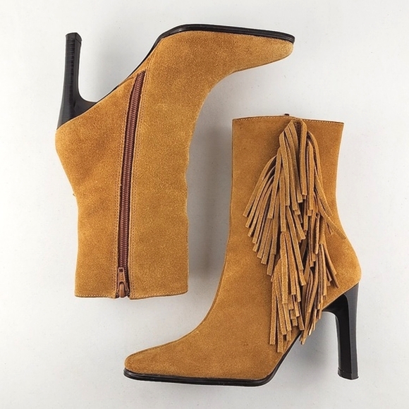 Predictions Collection Tan Suede Leather Fringed Heeled Boot Westen Style Sz 5.5 - Picture 2 of 16
